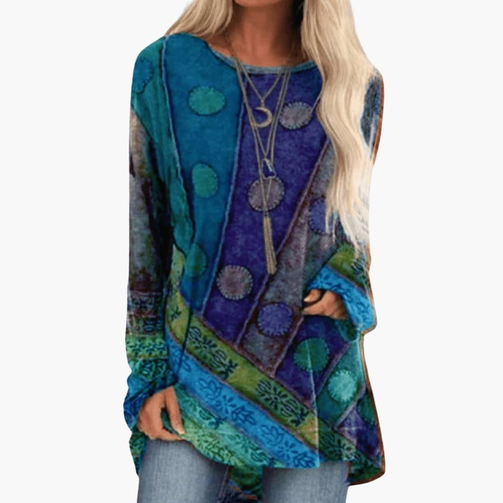 Damen Langarm-Tunika mit künstlerischem Patchwork-Muster