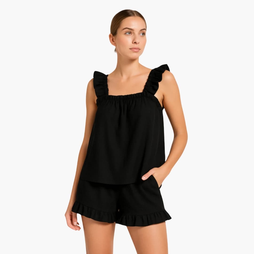 Damen Pyjama Set mit Rüschenträgern und elastischem Bund