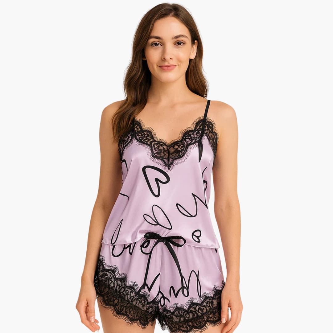 Damen Pyjama Set mit Spaghettitop und Schriftzug Shorts