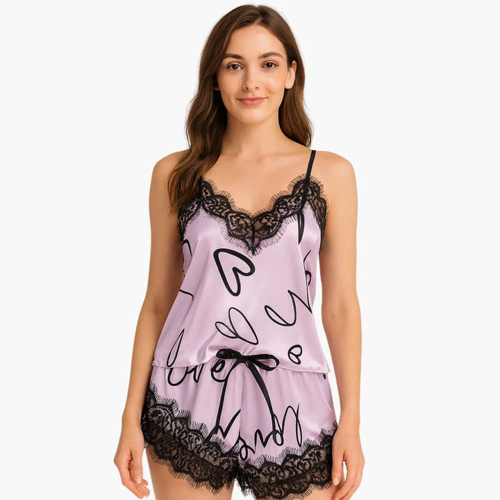 Damen Pyjama Set mit Spaghettitop und Schriftzug Shorts