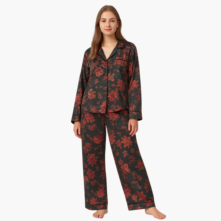 Damen Schlafanzug Set mit Blumenmuster Hemd und Hose