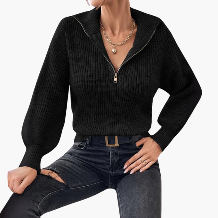Damen Strickpullover mit Halbzipp und Rippenstrick