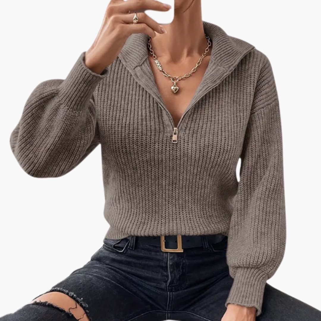 Damen Strickpullover mit Halbzipp und Rippenstrick