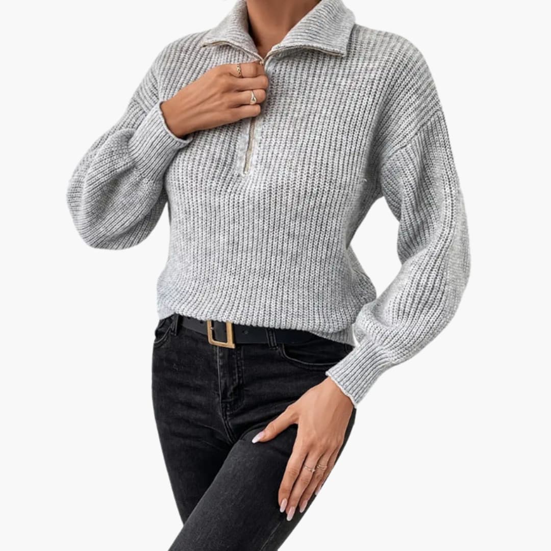 Damen Strickpullover mit Halbzipp und Rippenstrick