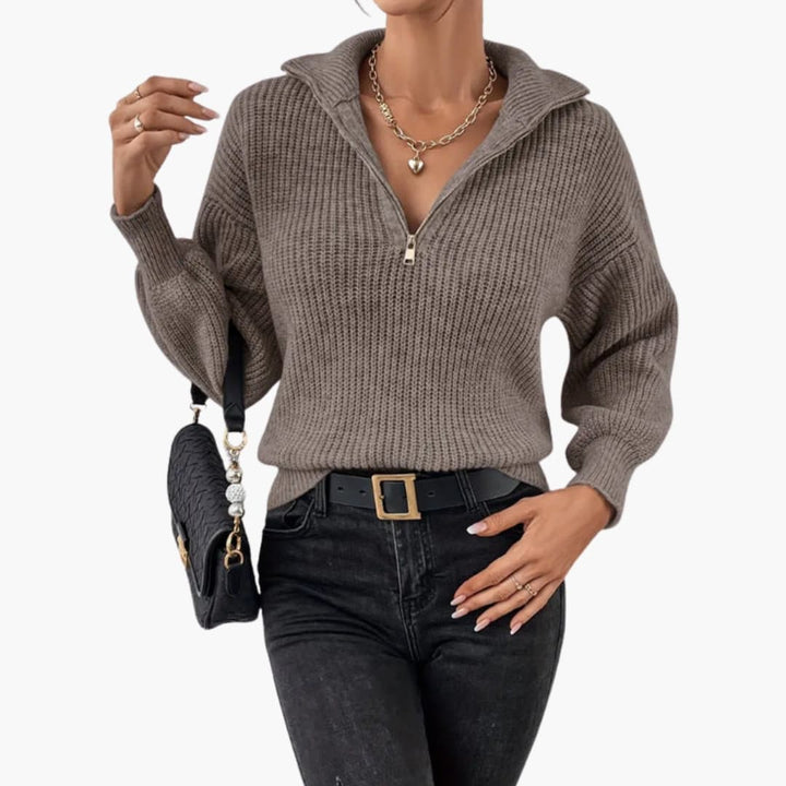 Damen Strickpullover mit Halbzipp und Rippenstrick