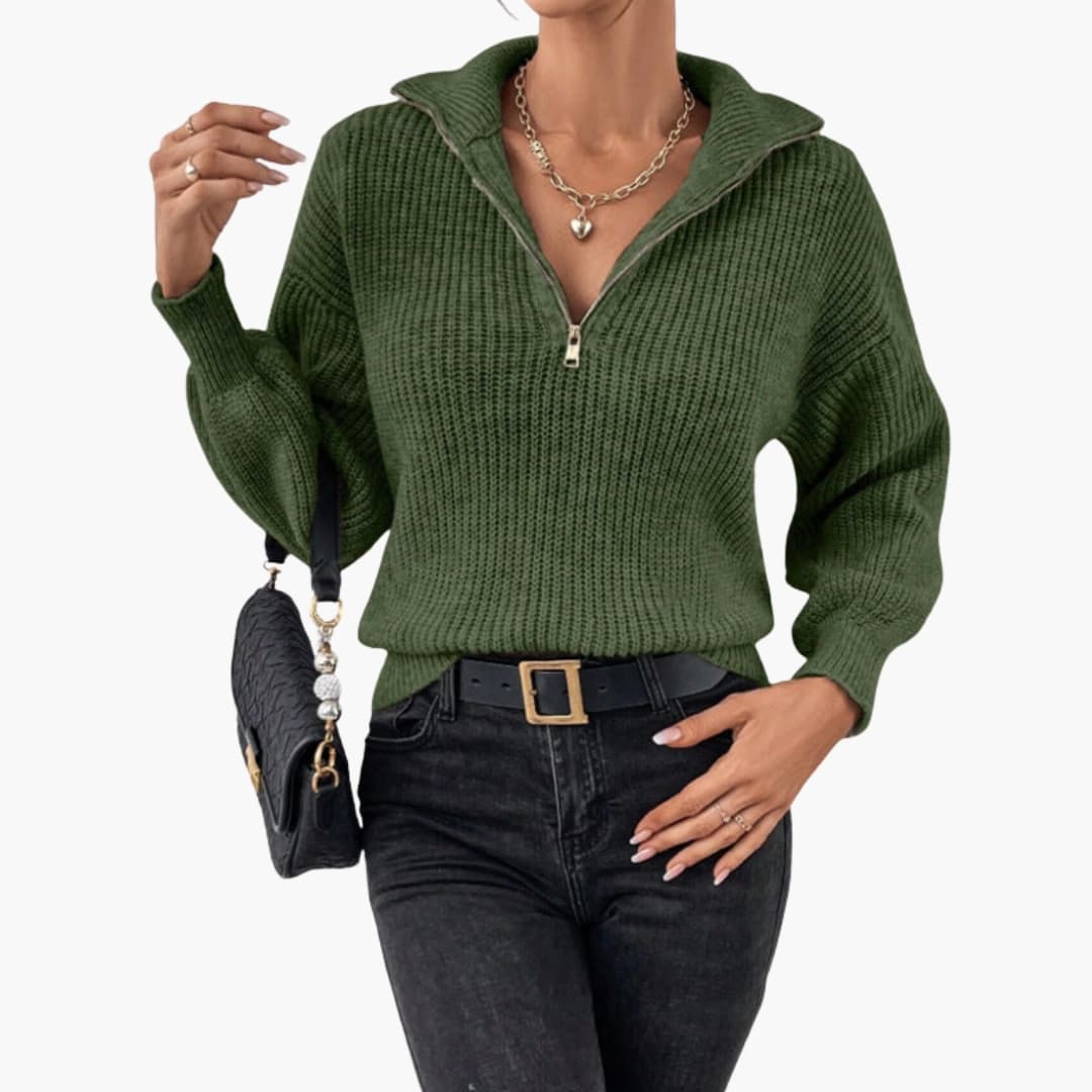 Damen Strickpullover mit Halbzipp und Rippenstrick