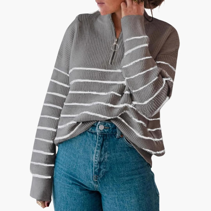 Damen Strickpullover mit Halbzipp und Streifenmuster