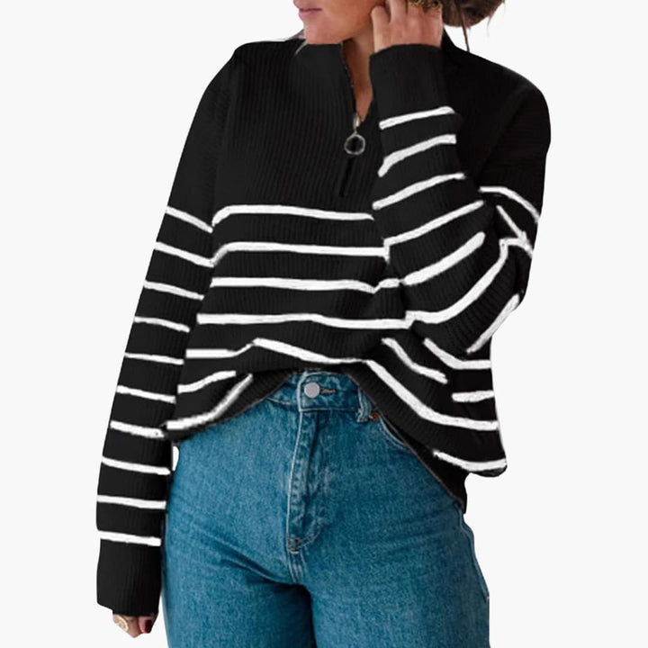 Damen Strickpullover mit Halbzipp und Streifenmuster