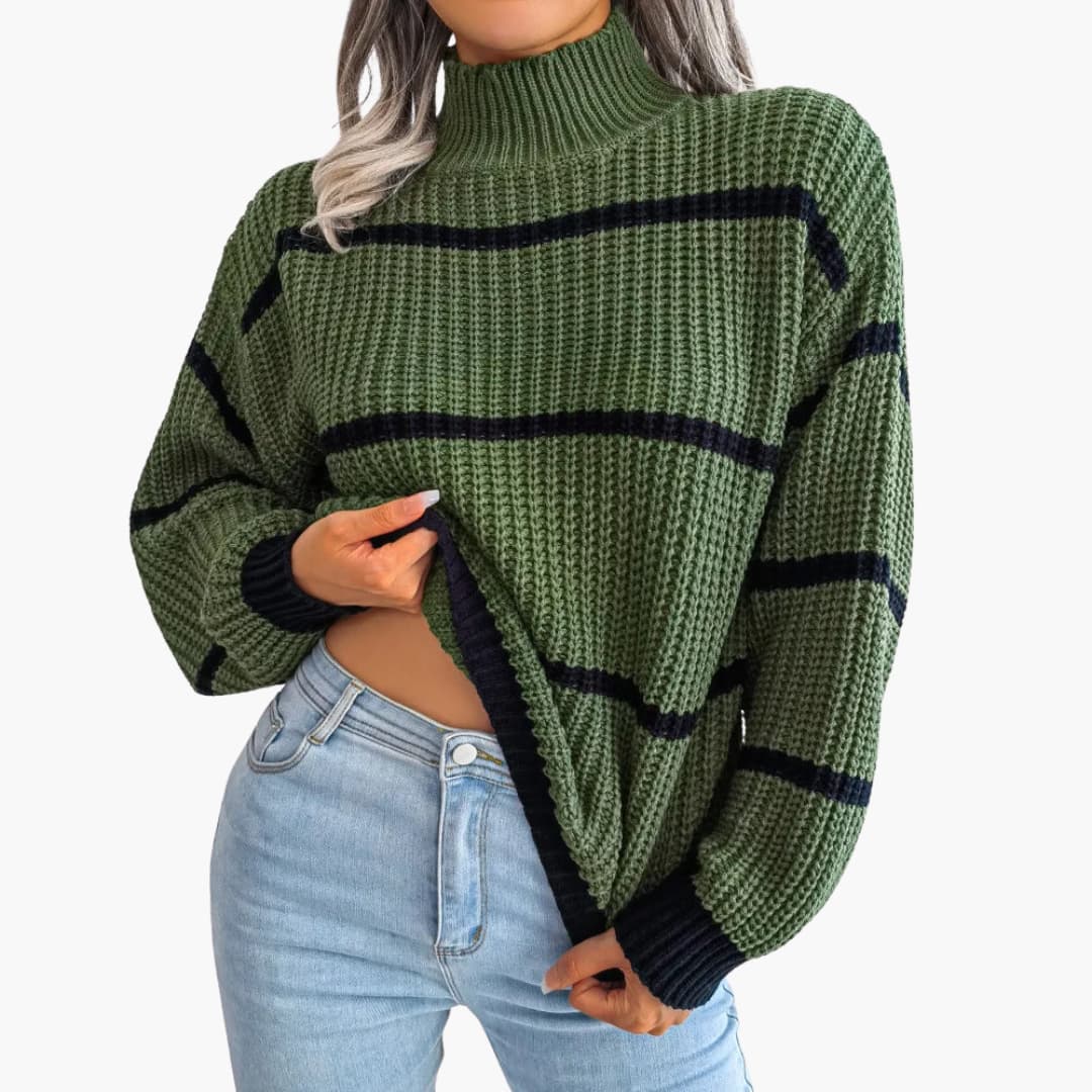 Damen Strickpullover mit Streifen und hohem Kragen