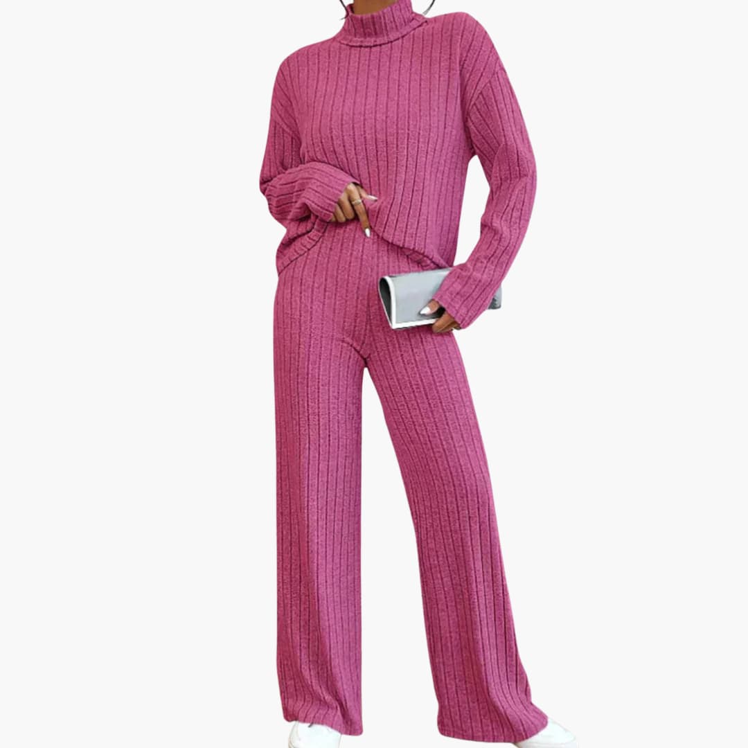 Damen Strickpullover und Hose Set mit Ripp Optik