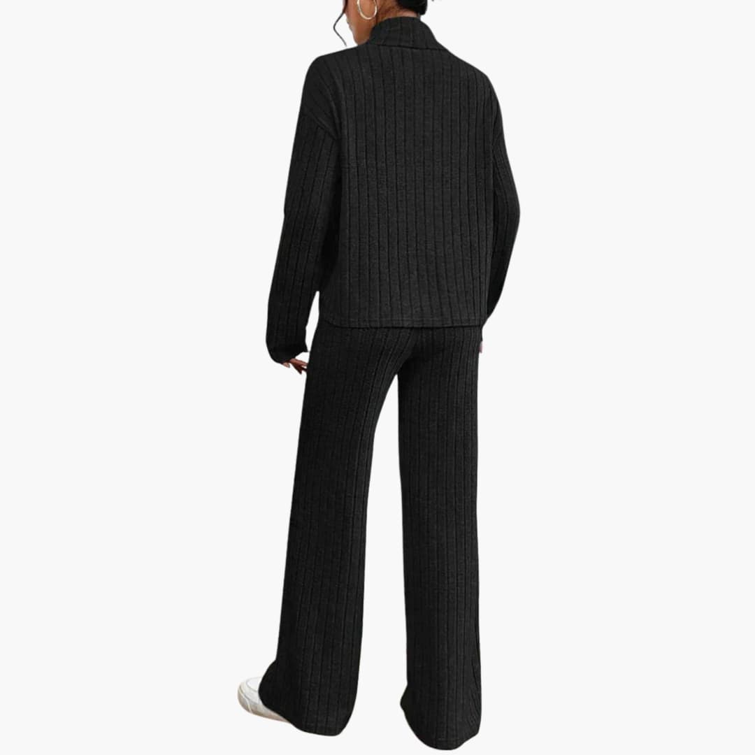 Damen Strickpullover und Hose Set mit Ripp Optik