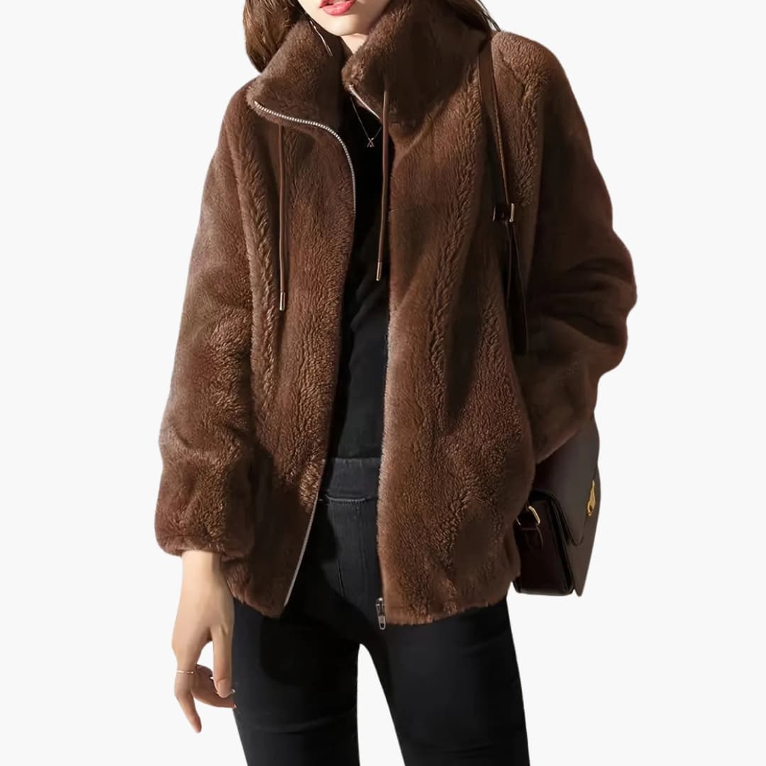 Damen Teddy Mantel mit Frontreißverschluss und Kordelzugsaum
