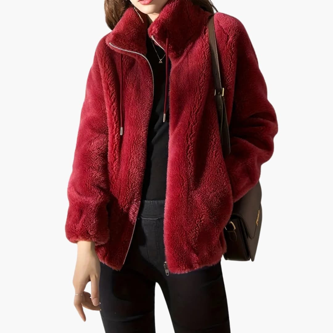Damen Teddy Mantel mit Frontreißverschluss und Kordelzugsaum