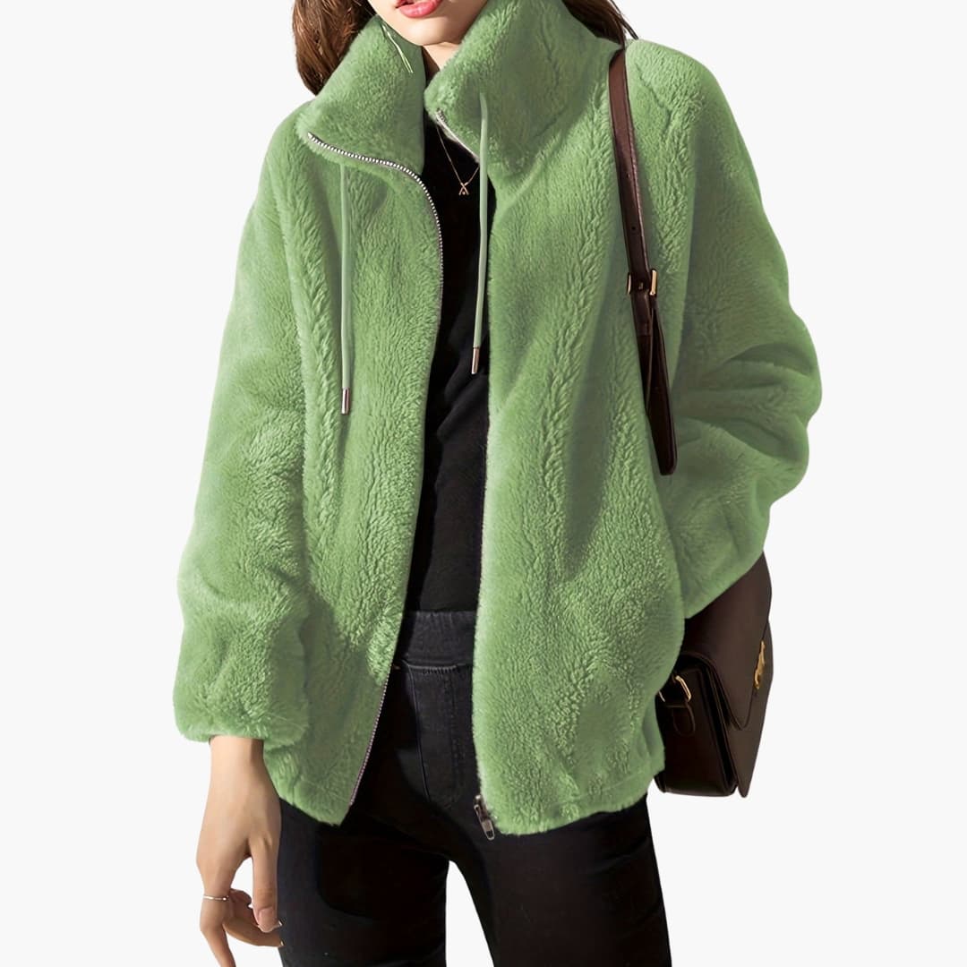 Damen Teddy Mantel mit Frontreißverschluss und Kordelzugsaum
