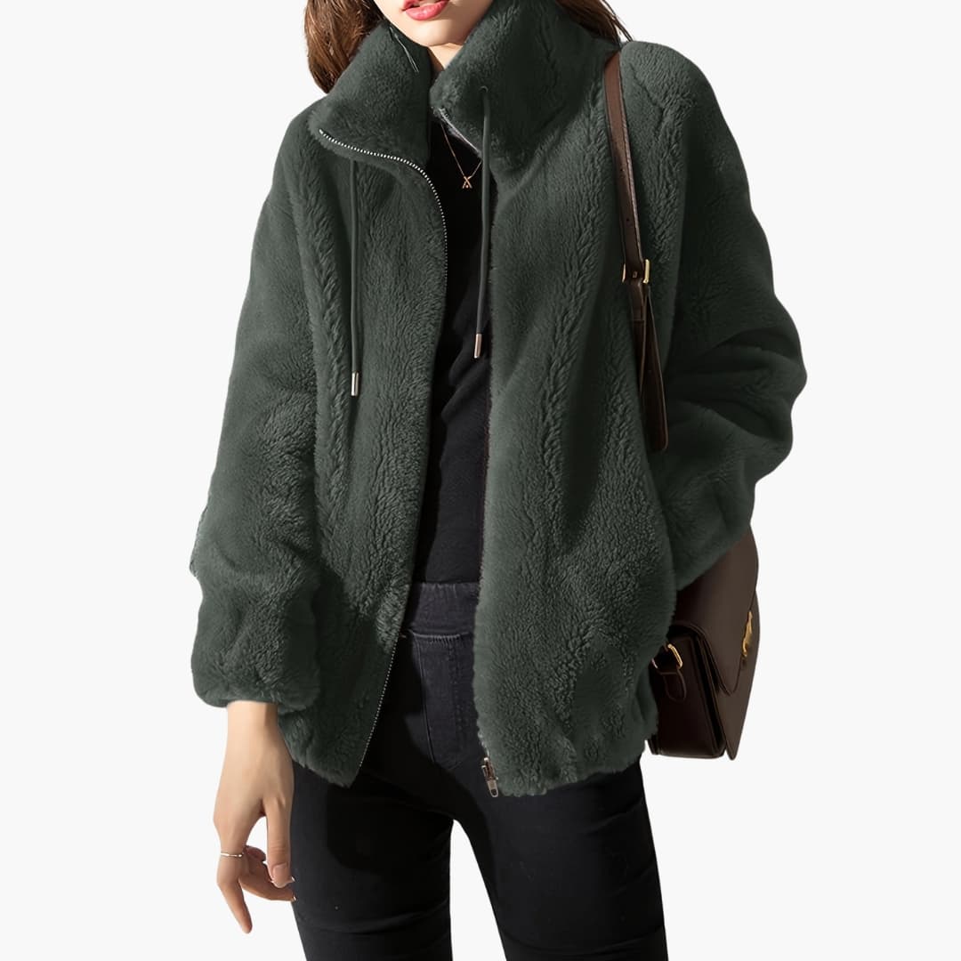 Damen Teddy Mantel mit Frontreißverschluss und Kordelzugsaum