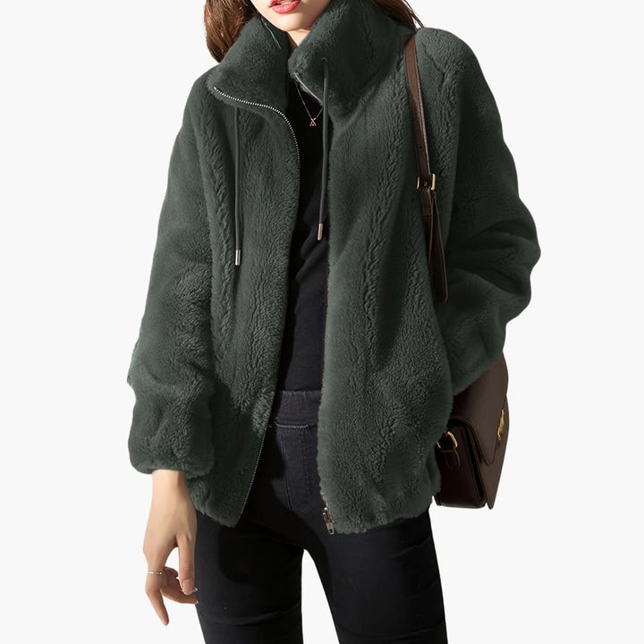 Damen Teddy Mantel mit Frontreißverschluss und Kordelzugsaum