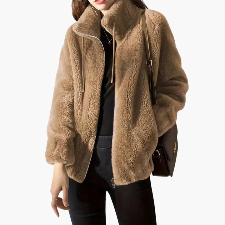Damen Teddy Mantel mit Frontreißverschluss und Kordelzugsaum