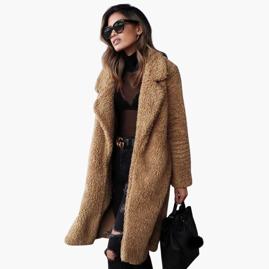 Damen Teddyfell Mantel Lang mit weitem Kragen und strukturierter Oberfläche