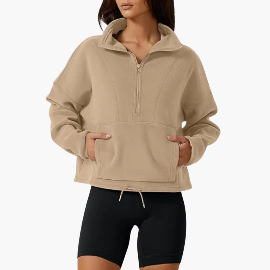 Damenpullover mit Halbreißverschluss und Fronttasche