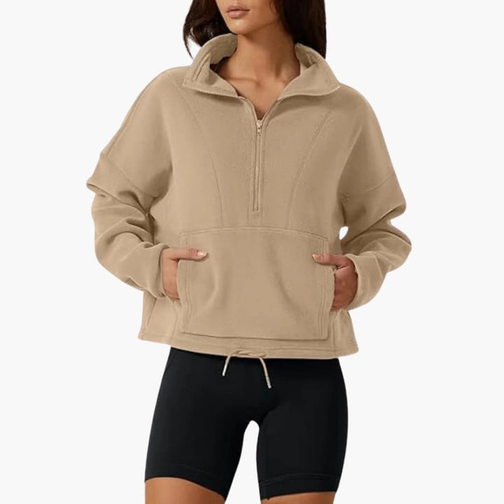 Damenpullover mit Halbreißverschluss und Fronttasche