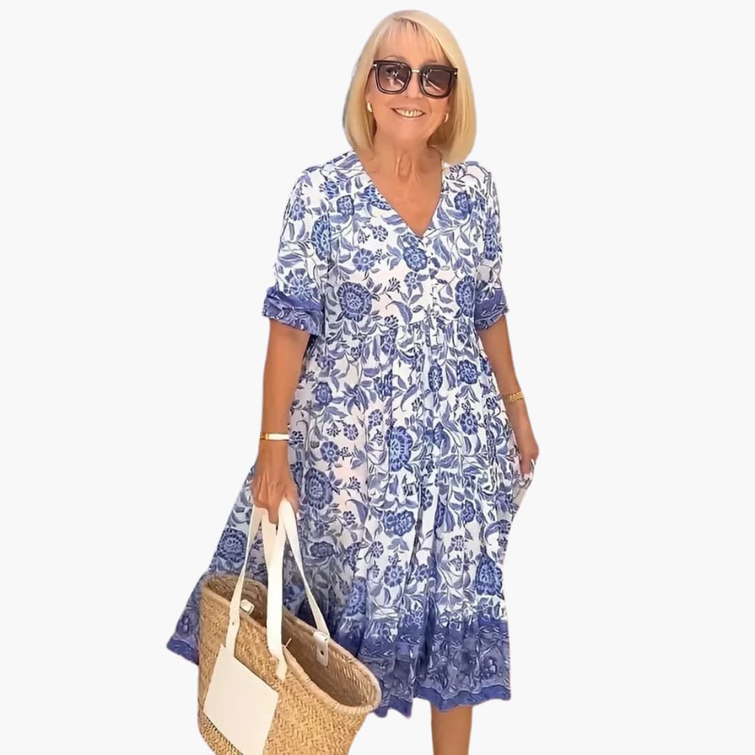 Boho Kleid Damen - Geblümtes Kleid mit V-Ausschnitt Sommer